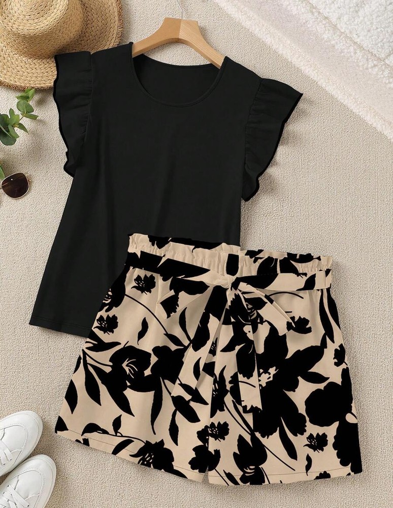 SHEIN LUNE 2件組優雅休閒純色荷葉邊上衣與印花短褲套裝,夏季女款度假穿搭,黑色花卉米色