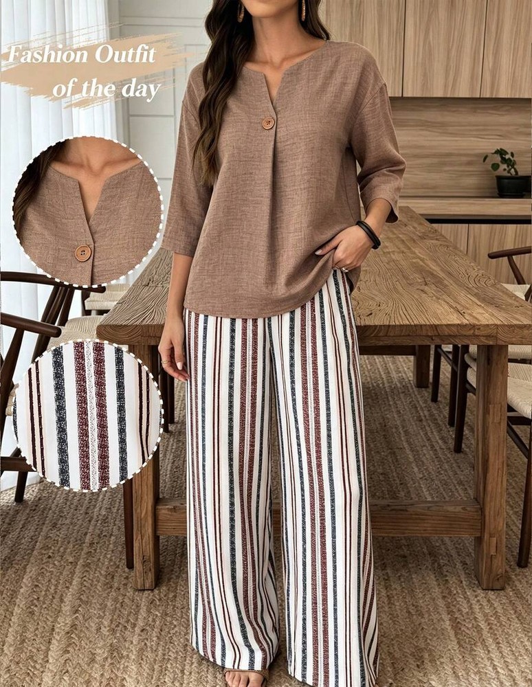 SHEIN LUNE 女款素色缺口V領七分袖上衣與條紋長褲休閒套裝