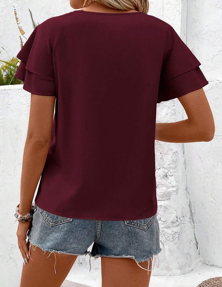 SHEIN LUNE 纯色插肩袖休闲衬衫,适合日常穿着,短袖上衣
