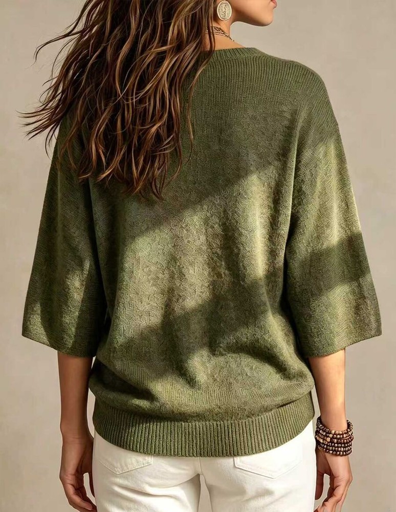 SHEIN 休閒寬鬆圓領 3/4 袖針織蝙蝠袖綠色女款秋冬毛衣,外出上衣,鄉村風社交襯衫,鄉村音樂會穿搭